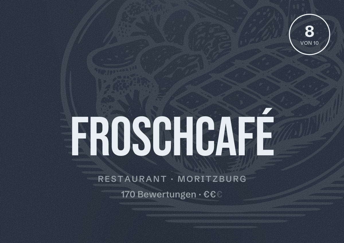 Illustriertes Poster von Froschcafé, Restaurant in Moritzburg: Bewertung 8 von 10 aus 170 Bewertungen, Preisniveau €€