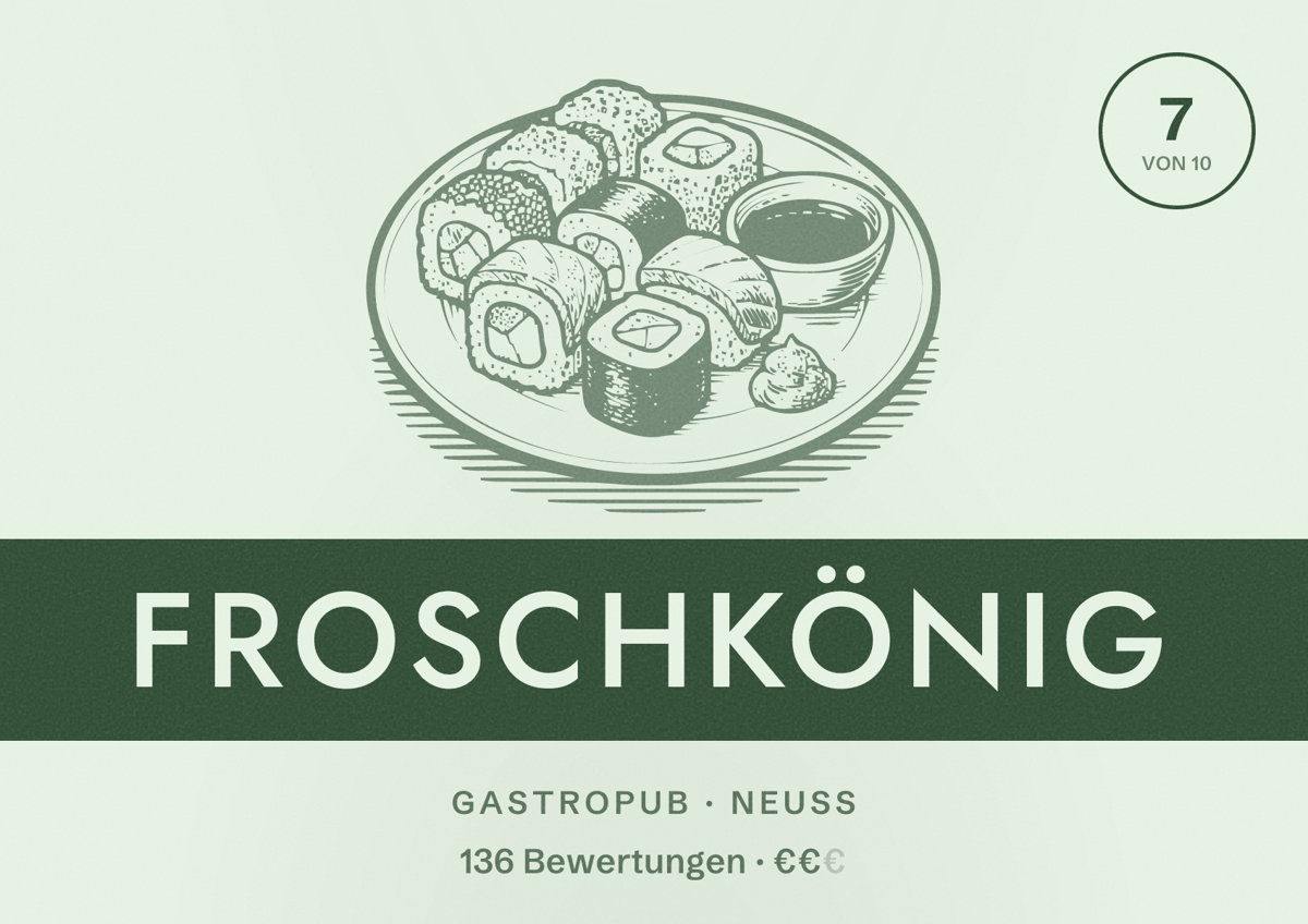 Illustriertes Poster von Froschkönig, Gastropub in Neuss: Bewertung 7 von 10 aus 136 Bewertungen, Preisniveau €€