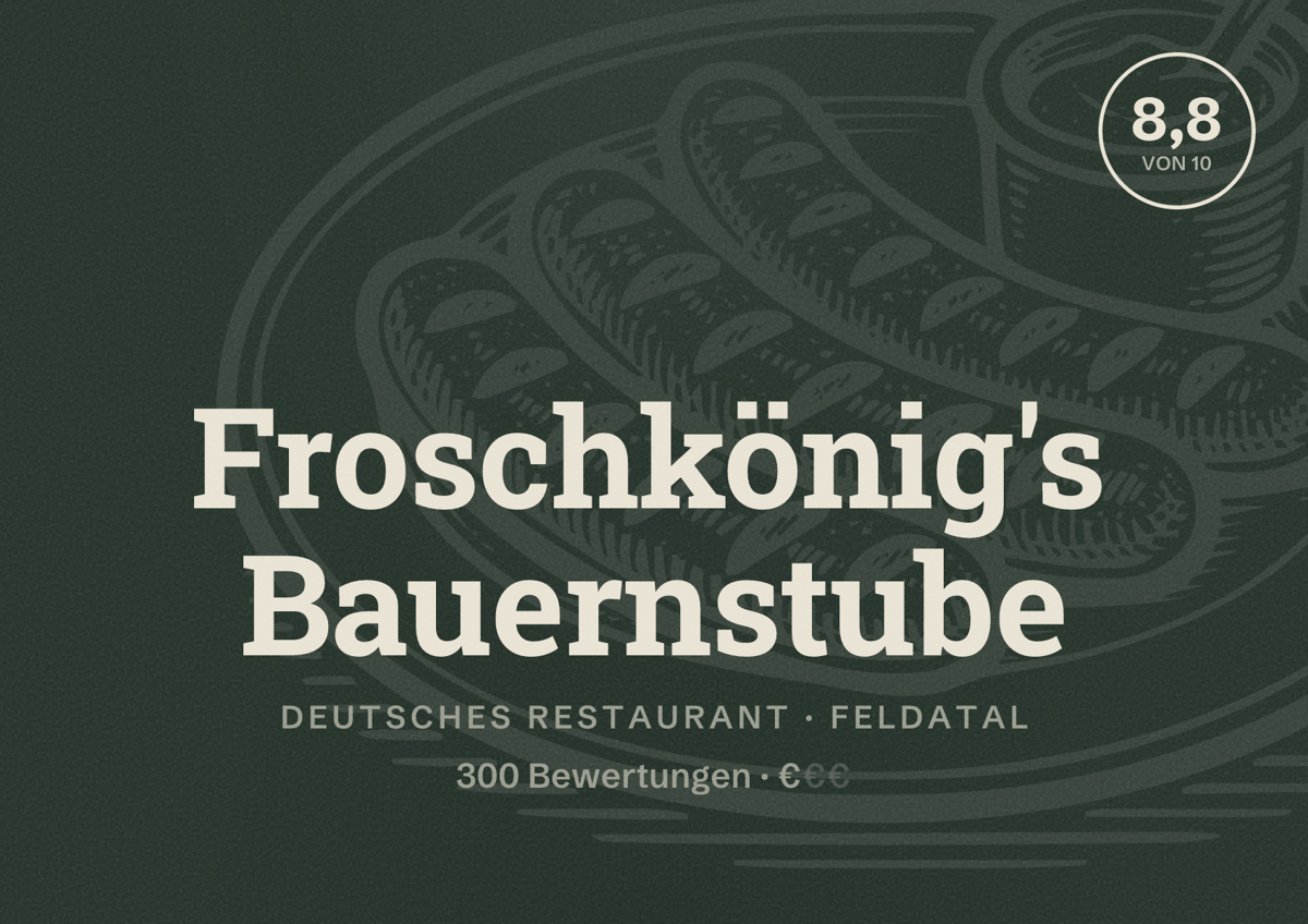 Illustriertes Poster von Froschkönig's Bauernstube, Deutsches Restaurant in Feldatal: Bewertung 8,8 von 10 aus 300 Bewertungen, Preisniveau €