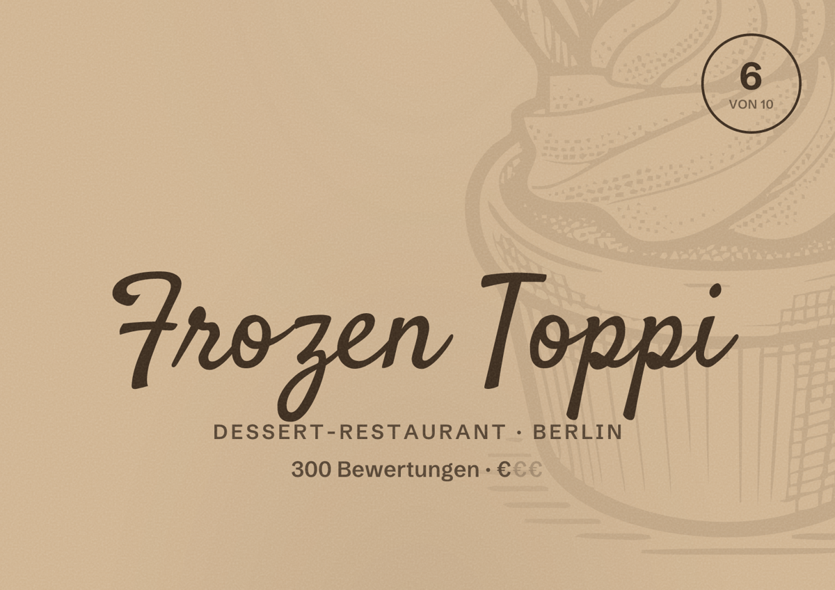 Illustriertes Poster von Frozen Toppi, Dessert-Restaurant in Berlin: Bewertung 6,0 von 10 aus 300 Bewertungen, Preisniveau €