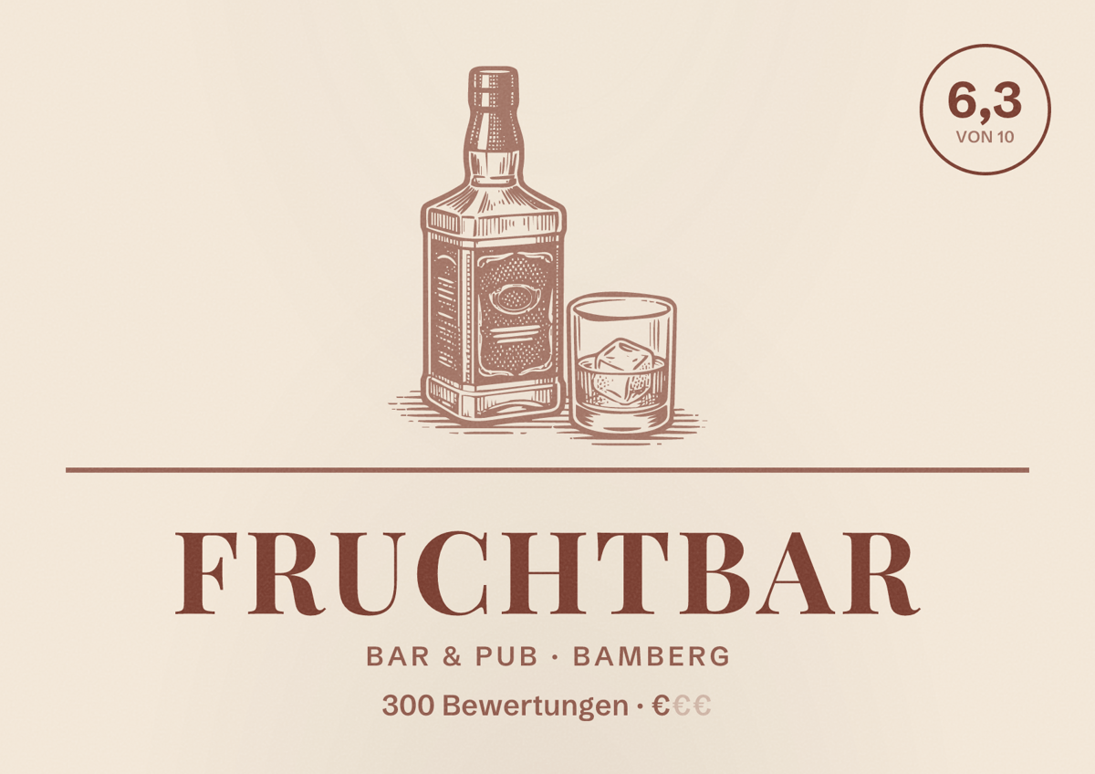 Illustriertes Poster von FruchtBar, Bar & Pub in Bamberg: Bewertung 6,3 von 10 aus 300 Bewertungen, Preisniveau €