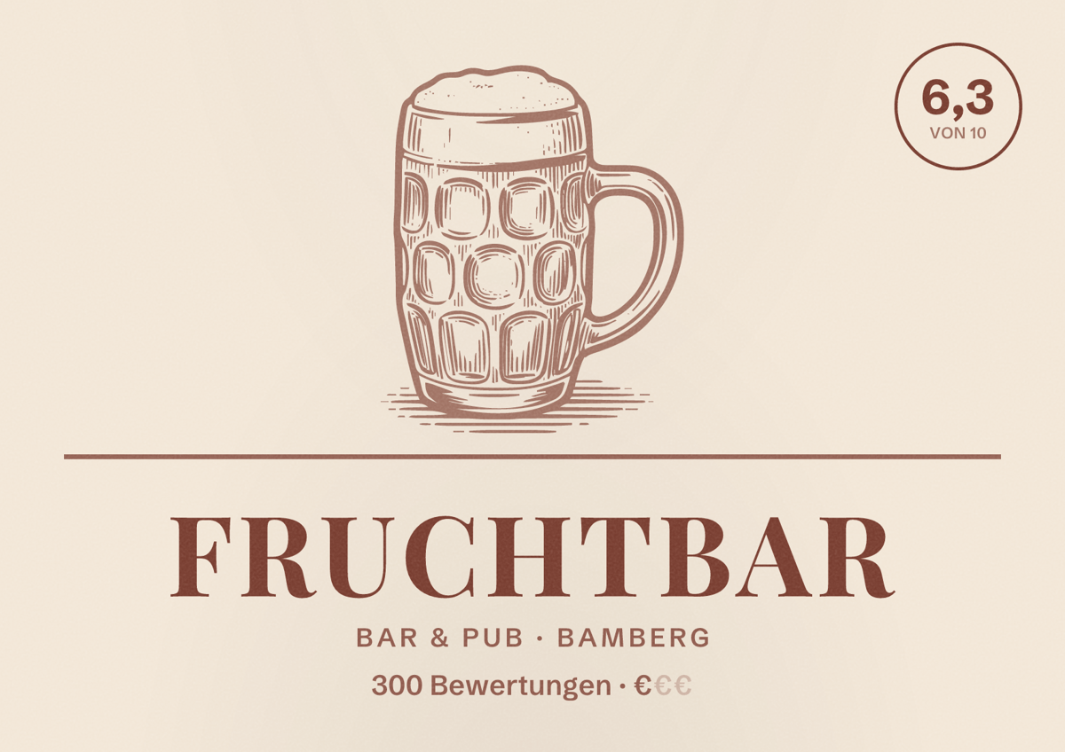 Illustriertes Poster von FruchtBar, Bar & Pub in Bamberg: Bewertung 6,3 von 10 aus 300 Bewertungen, Preisniveau €