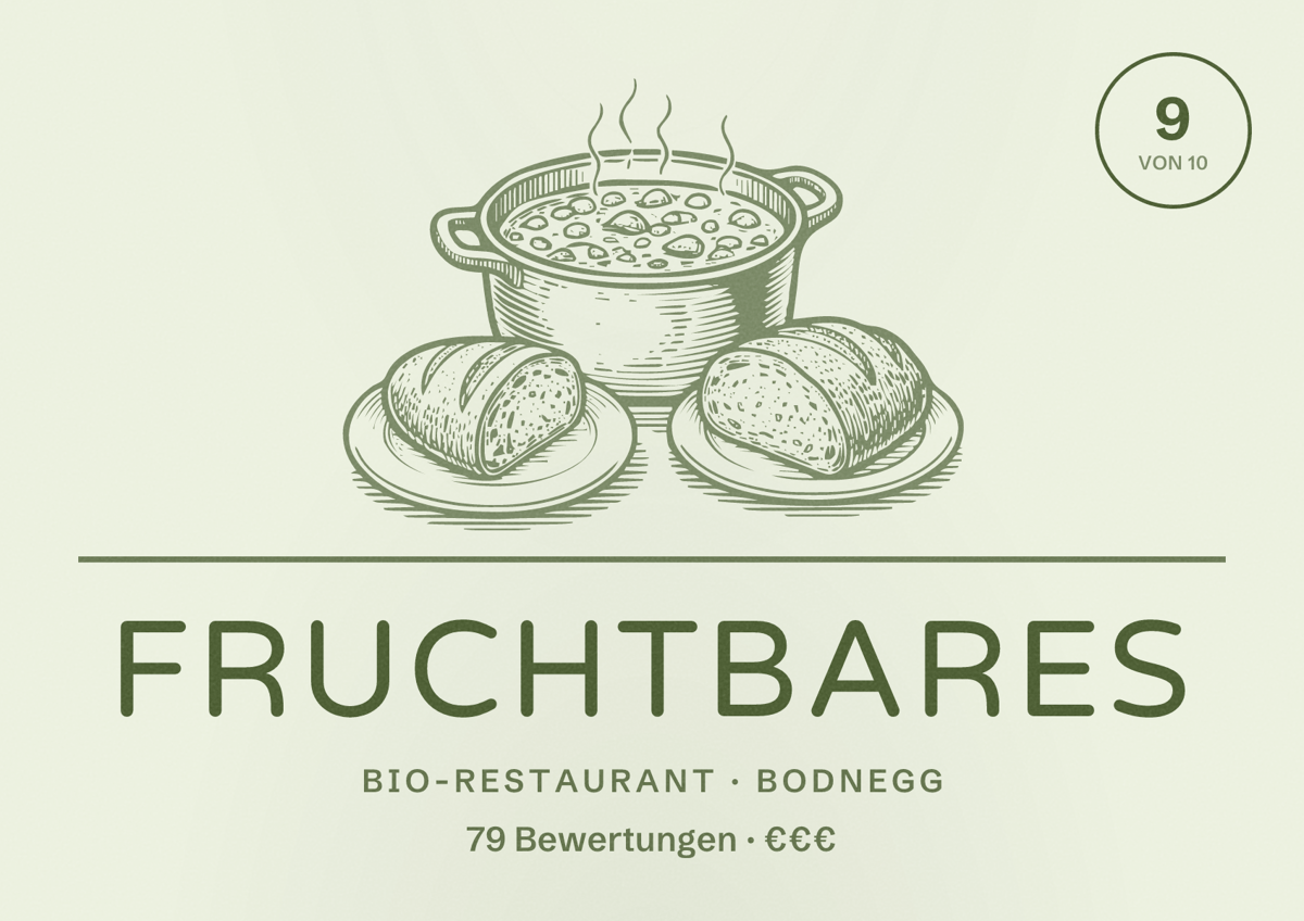 Illustriertes Poster von Fruchtbares, Bio-Restaurant in Bodnegg: Bewertung 9 von 10 aus 79 Bewertungen, Preisniveau €€€