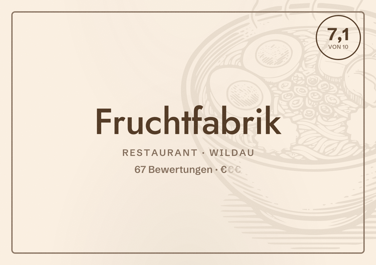 Illustriertes Poster von Fruchtfabrik, Restaurant in Wildau: Bewertung 7,1 von 10 aus 67 Bewertungen, Preisniveau €