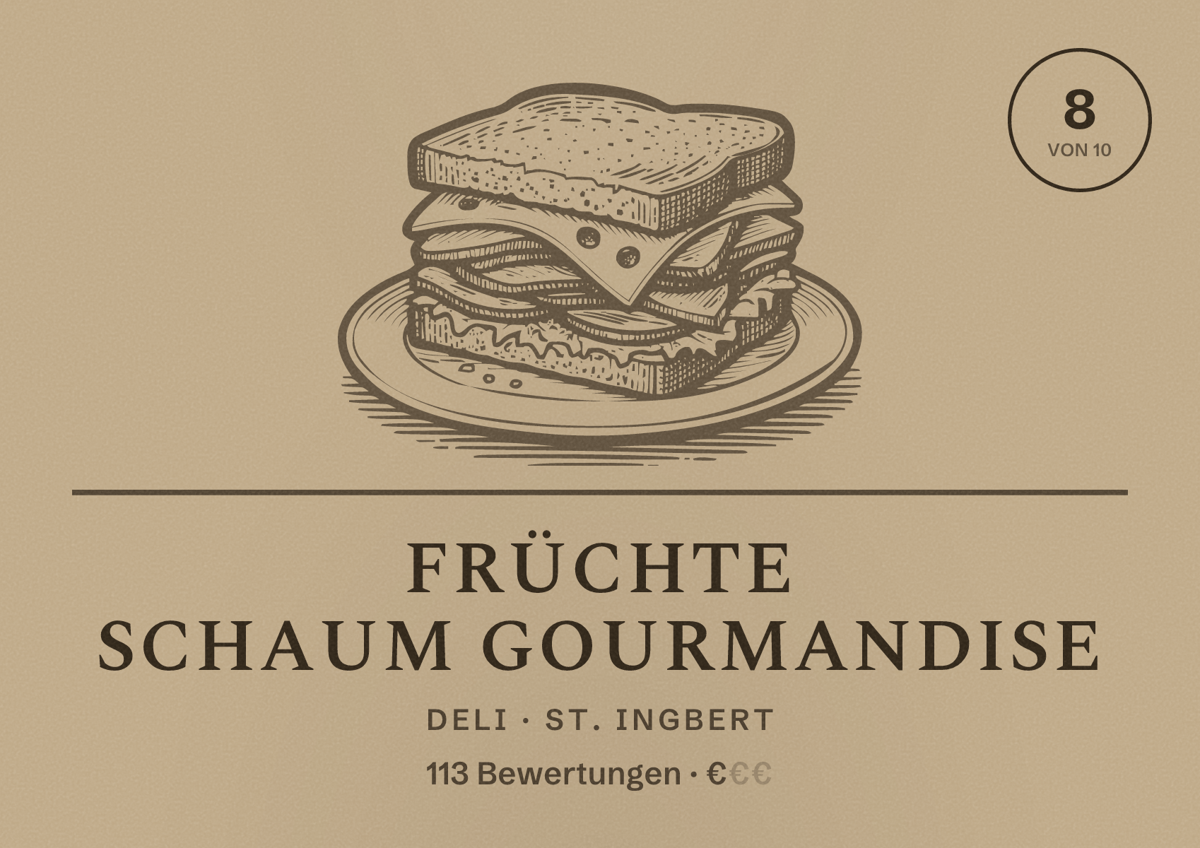 Illustriertes Poster von Früchte Schaum Gourmandise, Deli in St. Ingbert: Bewertung 8 von 10 aus 113 Bewertungen, Preisniveau €