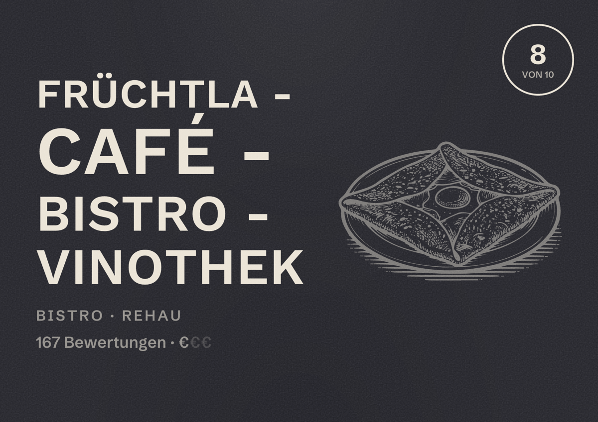 Illustriertes Poster von Früchtla - Café - Bistro - Vinothek, Bistro in Rehau: Bewertung 8 von 10 aus 167 Bewertungen, Preisniveau €