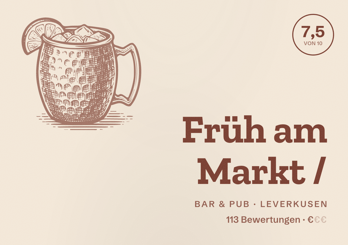 Illustriertes Poster von Früh am Markt /, Bar & Pub in Leverkusen: Bewertung 7,5 von 10 aus 113 Bewertungen, Preisniveau €
