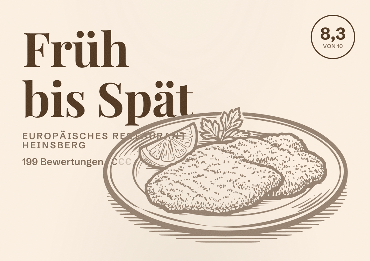 Illustriertes Poster von Früh bis Spät, Europäisches Restaurant in Heinsberg: Bewertung 8,3 von 10 aus 199 Bewertungen, Preisniveau €