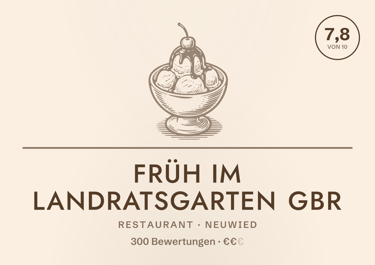 Illustriertes Poster von Früh Im Landratsgarten GbR, Restaurant in Neuwied: Bewertung 7,8 von 10 aus 300 Bewertungen, Preisniveau €€