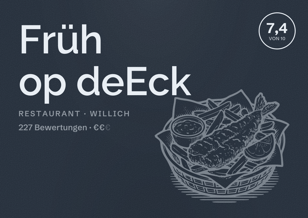 Illustriertes Poster von Früh op deEck, Restaurant in Willich: Bewertung 7,4 von 10 aus 227 Bewertungen, Preisniveau €€