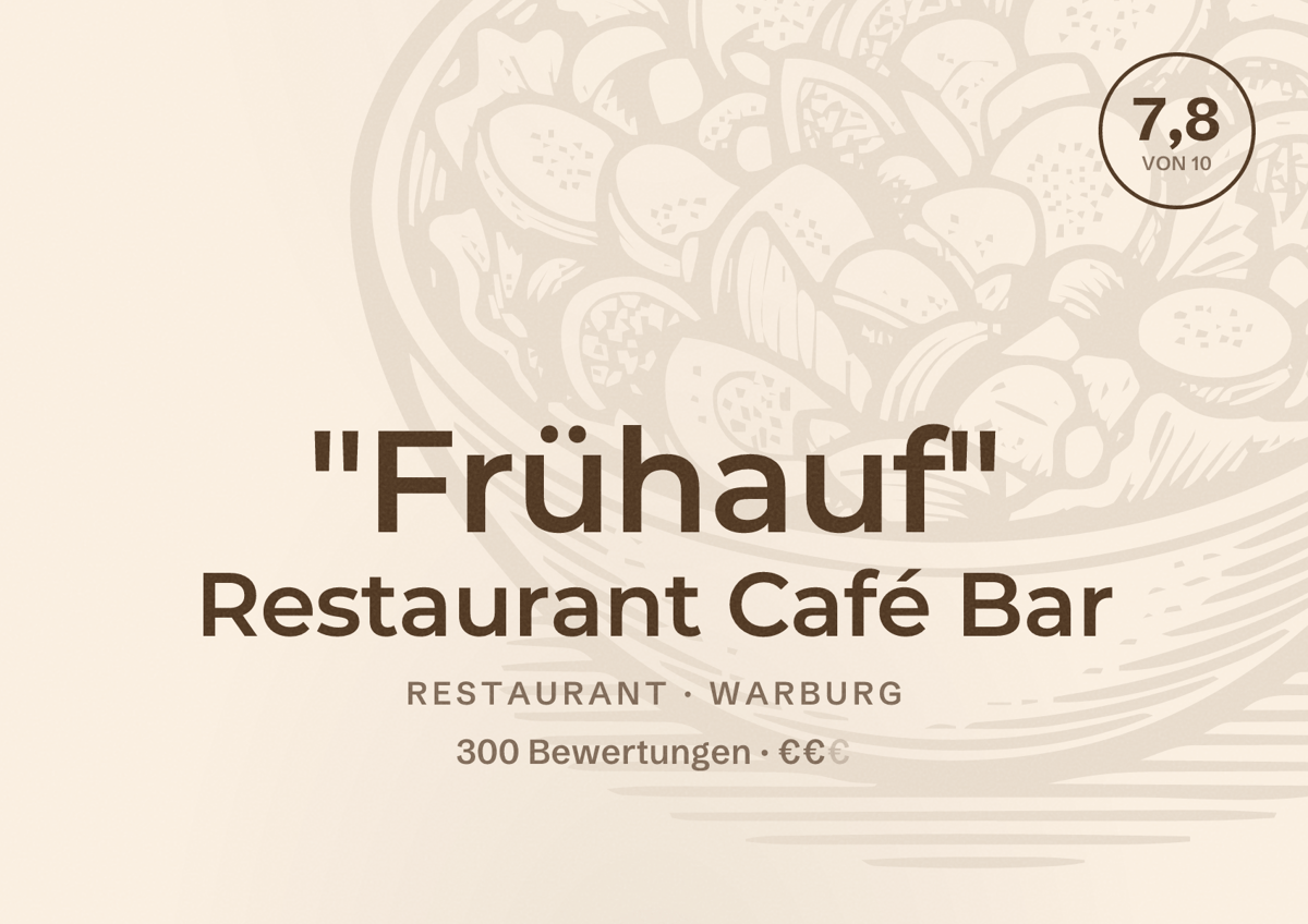 Illustriertes Poster von "Frühauf" Restaurant Café Bar, Restaurant in Warburg: Bewertung 7,8 von 10 aus 300 Bewertungen, Preisniveau €€