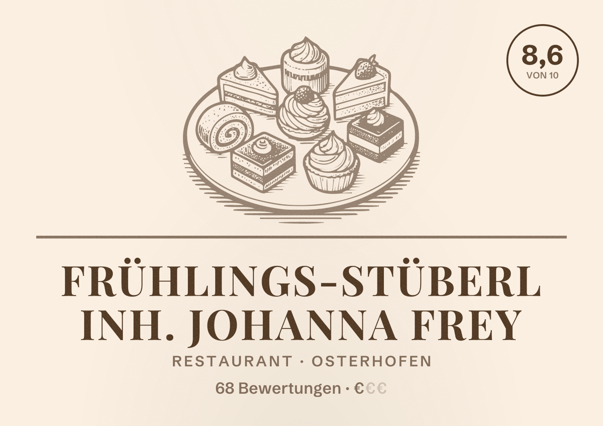Illustriertes Poster von Frühlings-Stüberl Inh. Johanna Frey, Restaurant in Osterhofen: Bewertung 8,6 von 10 aus 68 Bewertungen, Preisniveau €