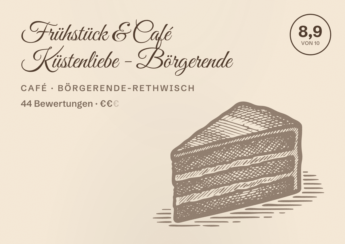 Illustriertes Poster von Frühstück & Café Küstenliebe - Börgerende, Café in Börgerende-Rethwisch: Bewertung 8,9 von 10 aus 44 Bewertungen, Preisniveau €€