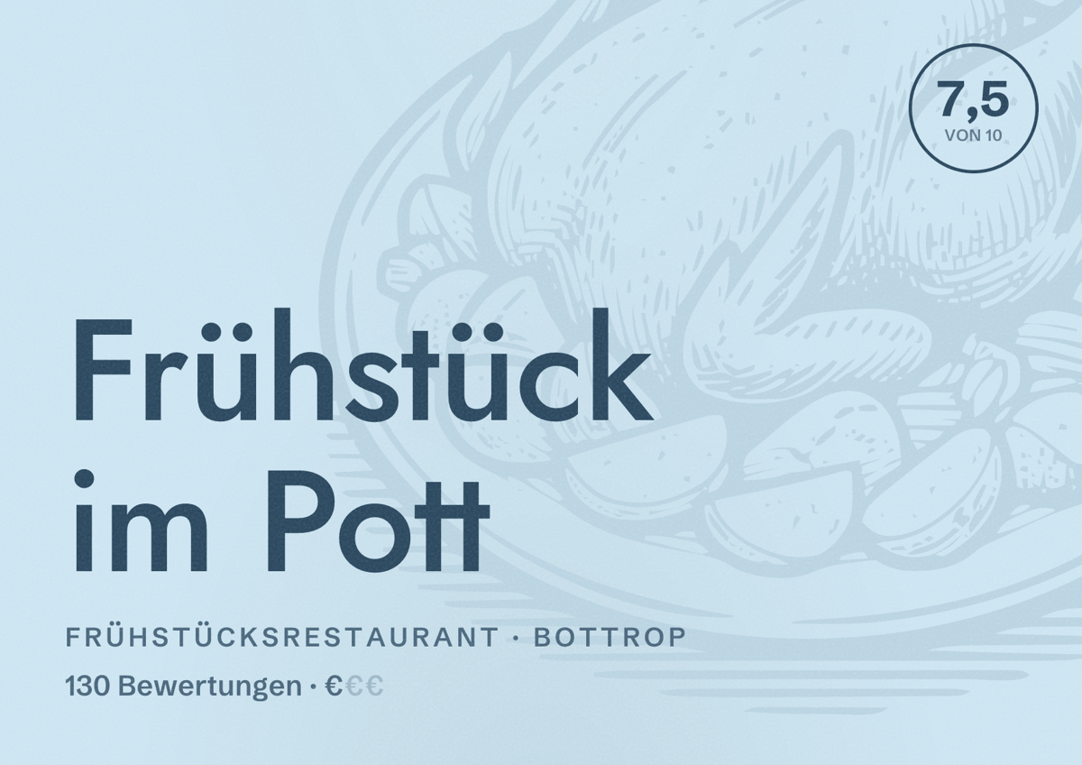 Illustriertes Poster von Frühstück im Pott, Frühstücksrestaurant in Bottrop: Bewertung 7,5 von 10 aus 130 Bewertungen, Preisniveau €