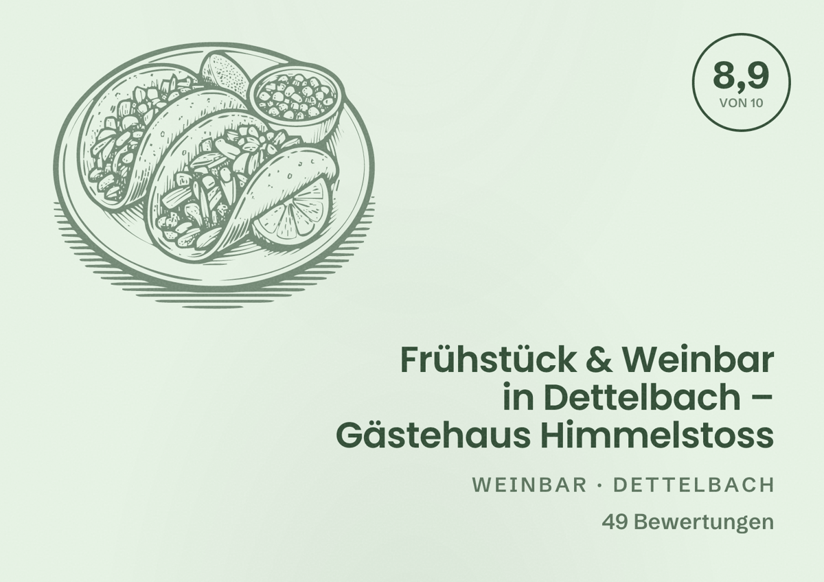 Illustriertes Poster von Frühstück & Weinbar in Dettelbach – Gästehaus Himmelstoss, Weinbar in Dettelbach: Bewertung 8,9 von 10 aus 49 Bewertungen