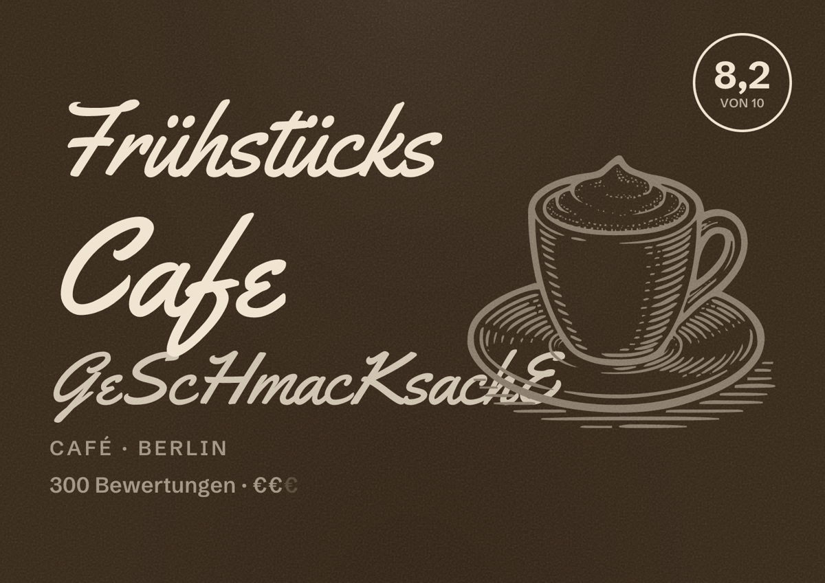 Illustriertes Poster von Frühstücks Cafe GeScHmacKsachE, Café in Berlin: Bewertung 8,2 von 10 aus 300 Bewertungen, Preisniveau €€