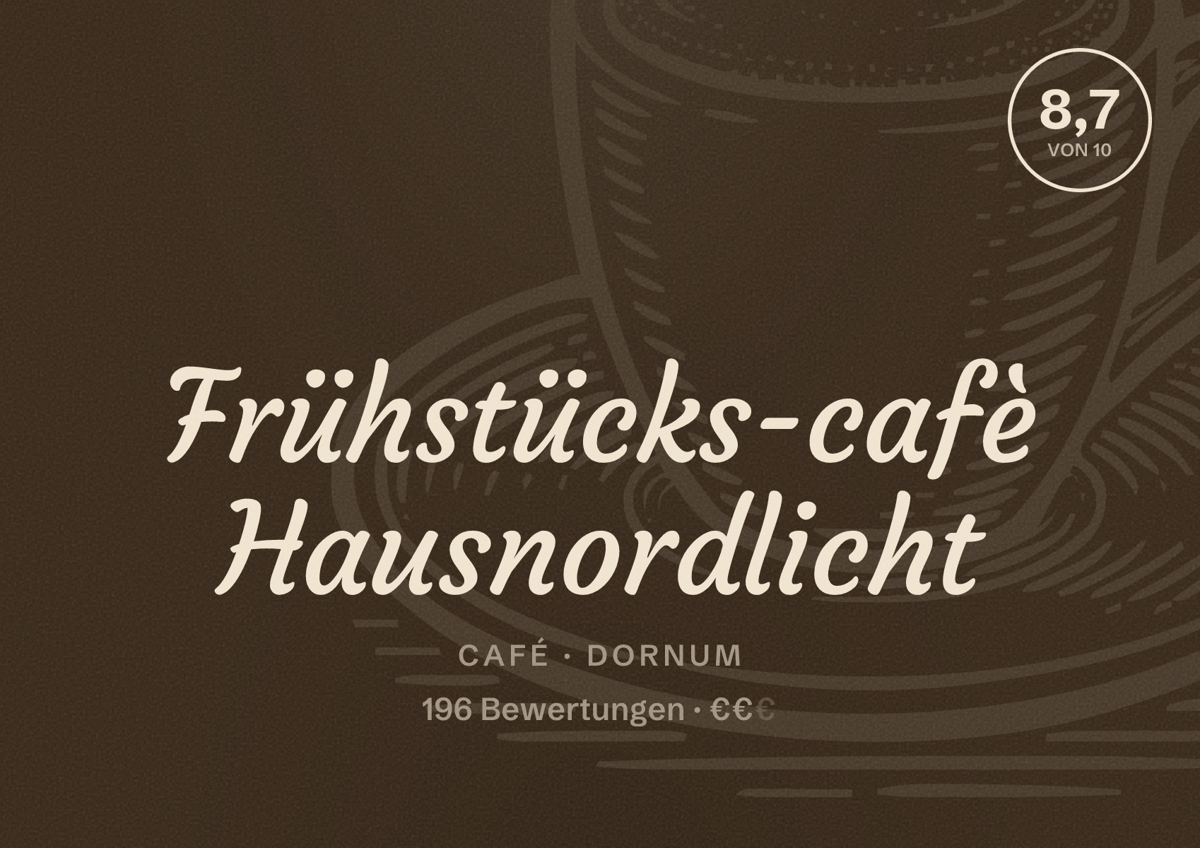 Illustriertes Poster von Frühstücks-cafè Hausnordlicht, Café in Dornum: Bewertung 8,7 von 10 aus 196 Bewertungen, Preisniveau €€