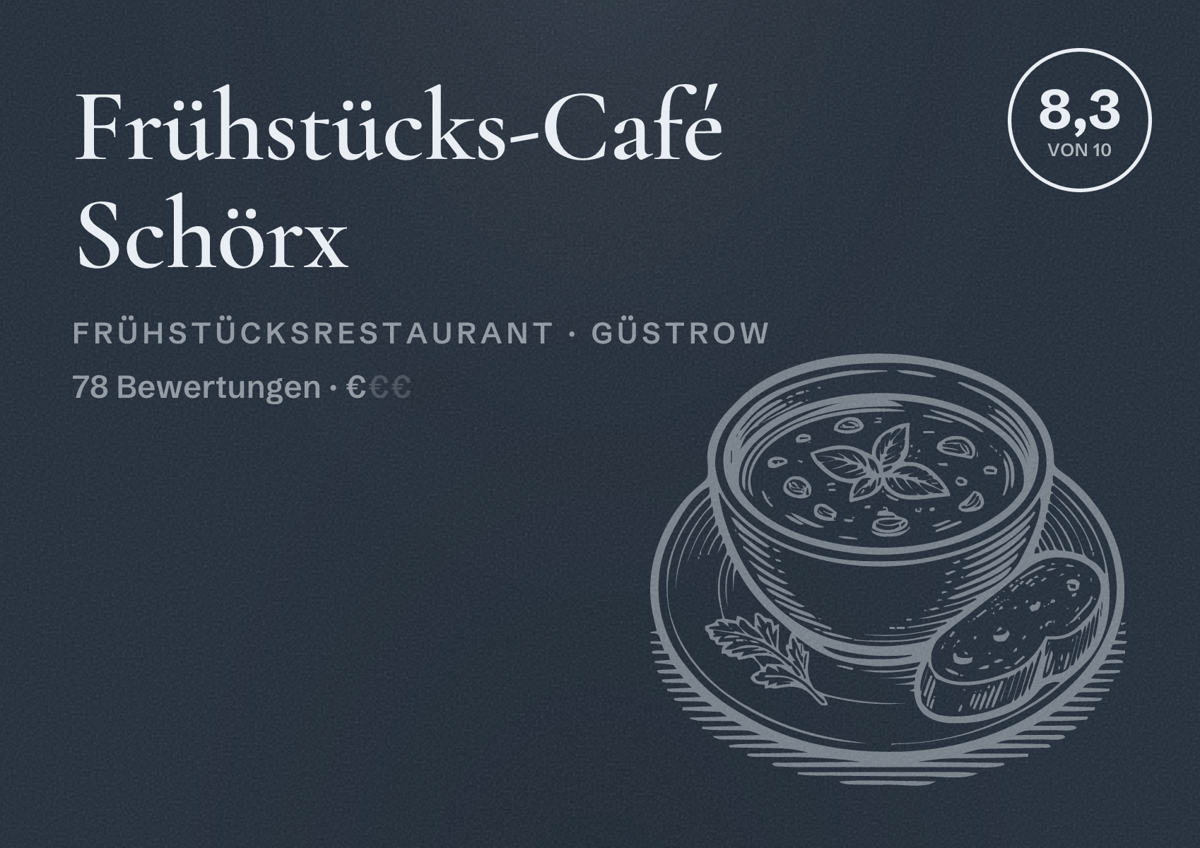 Illustriertes Poster von Frühstücks-Café Schörx, Frühstücksrestaurant in Güstrow: Bewertung 8,3 von 10 aus 78 Bewertungen, Preisniveau €