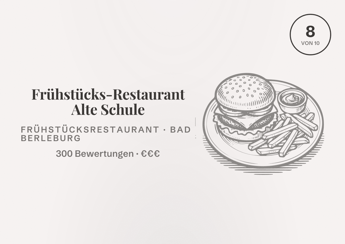 Illustriertes Poster von Frühstücks-Restaurant Alte Schule, Frühstücksrestaurant in Bad Berleburg: Bewertung 8 von 10 aus 300 Bewertungen, Preisniveau €€€