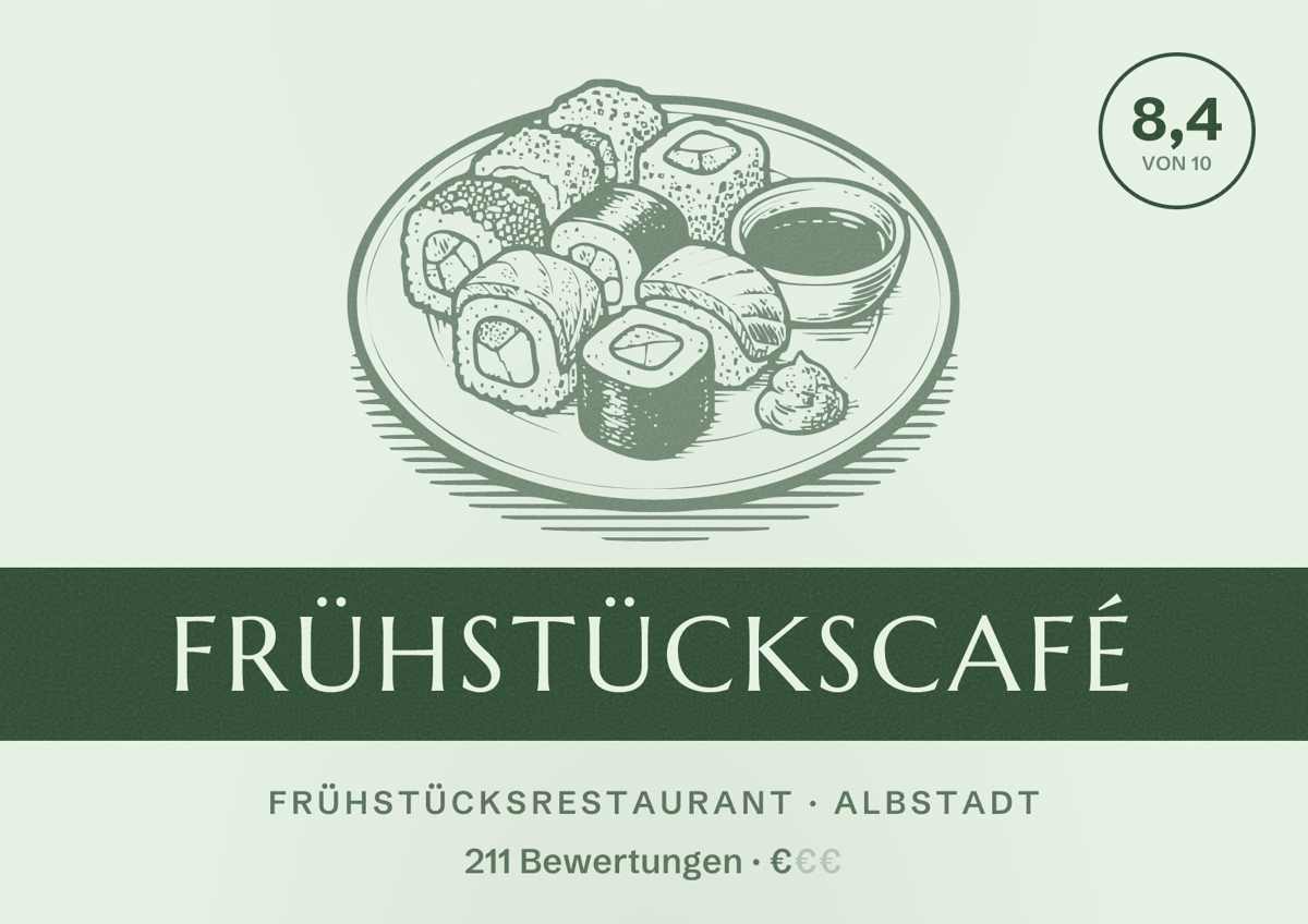 Illustriertes Poster von Frühstückscafé, Frühstücksrestaurant in Albstadt: Bewertung 8,4 von 10 aus 211 Bewertungen, Preisniveau €