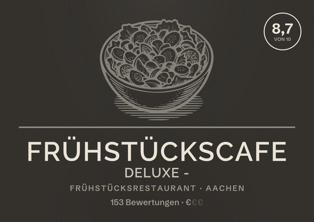 Illustriertes Poster von Frühstückscafe Deluxe -, Frühstücksrestaurant in Aachen: Bewertung 8,7 von 10 aus 153 Bewertungen, Preisniveau €