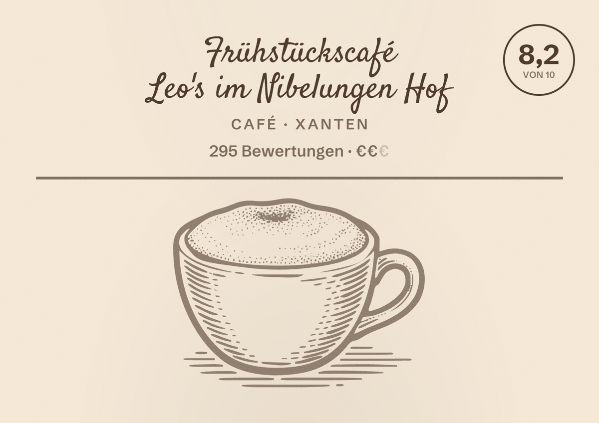 Illustriertes Poster von Frühstückscafé Leo's im Nibelungen Hof, Café in Xanten: Bewertung 8,2 von 10 aus 295 Bewertungen, Preisniveau €€