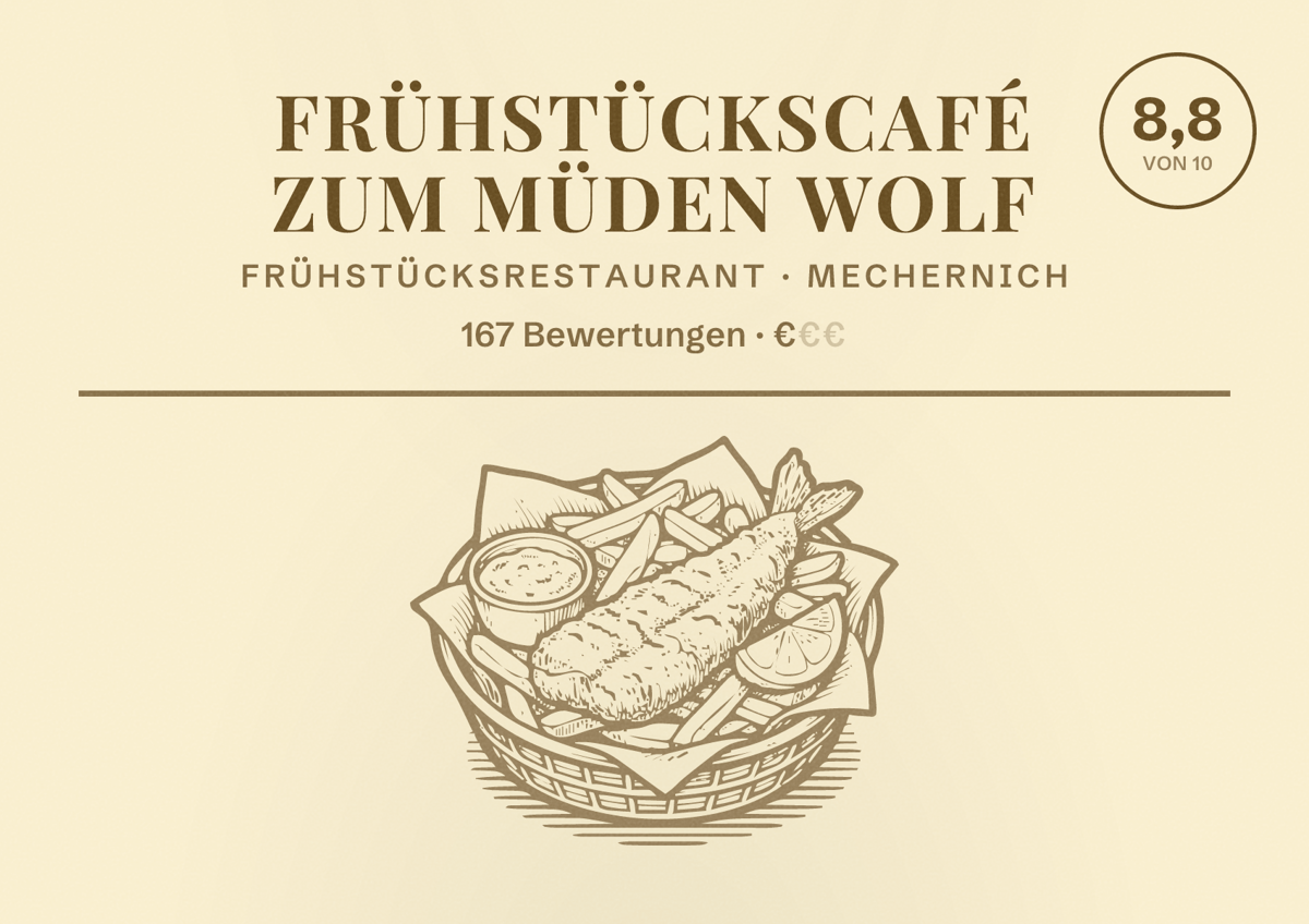 Illustriertes Poster von Frühstückscafé Zum Müden Wolf, Frühstücksrestaurant in Mechernich: Bewertung 8,8 von 10 aus 167 Bewertungen, Preisniveau €