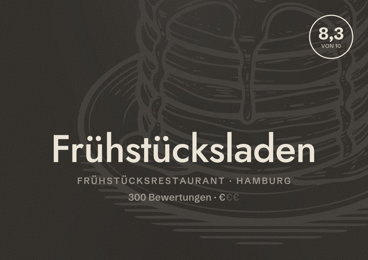 Illustriertes Poster von Frühstücksladen, Frühstücksrestaurant in Hamburg: Bewertung 8,3 von 10 aus 300 Bewertungen, Preisniveau €