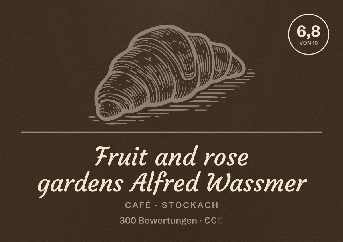 Illustriertes Poster von Fruit and rose gardens Alfred Wassmer, Café in Stockach: Bewertung 6,8 von 10 aus 300 Bewertungen, Preisniveau €€