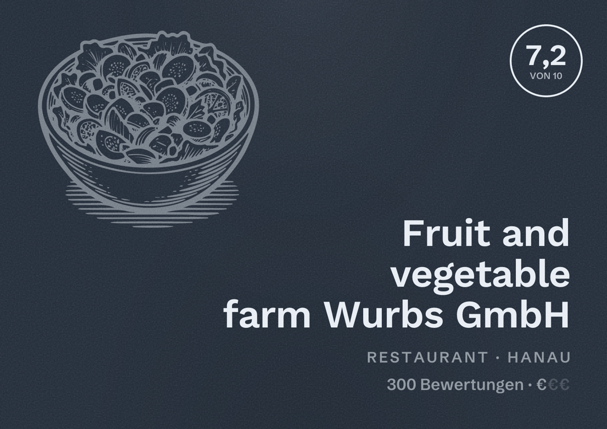 Illustriertes Poster von Fruit and vegetable farm Wurbs GmbH, Restaurant in Hanau: Bewertung 7,2 von 10 aus 300 Bewertungen, Preisniveau €