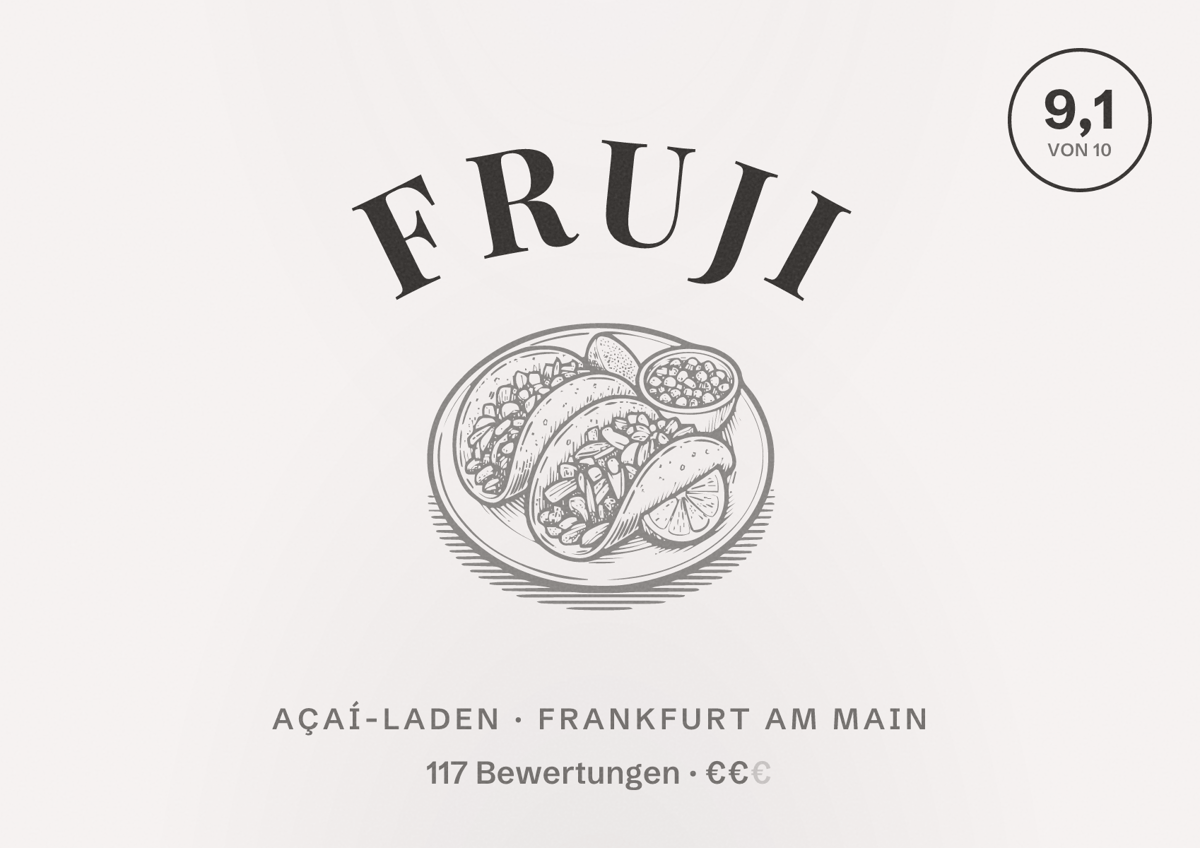 Illustriertes Poster von fruji, Açaí-Laden in Frankfurt am Main: Bewertung 9,1 von 10 aus 117 Bewertungen, Preisniveau €€