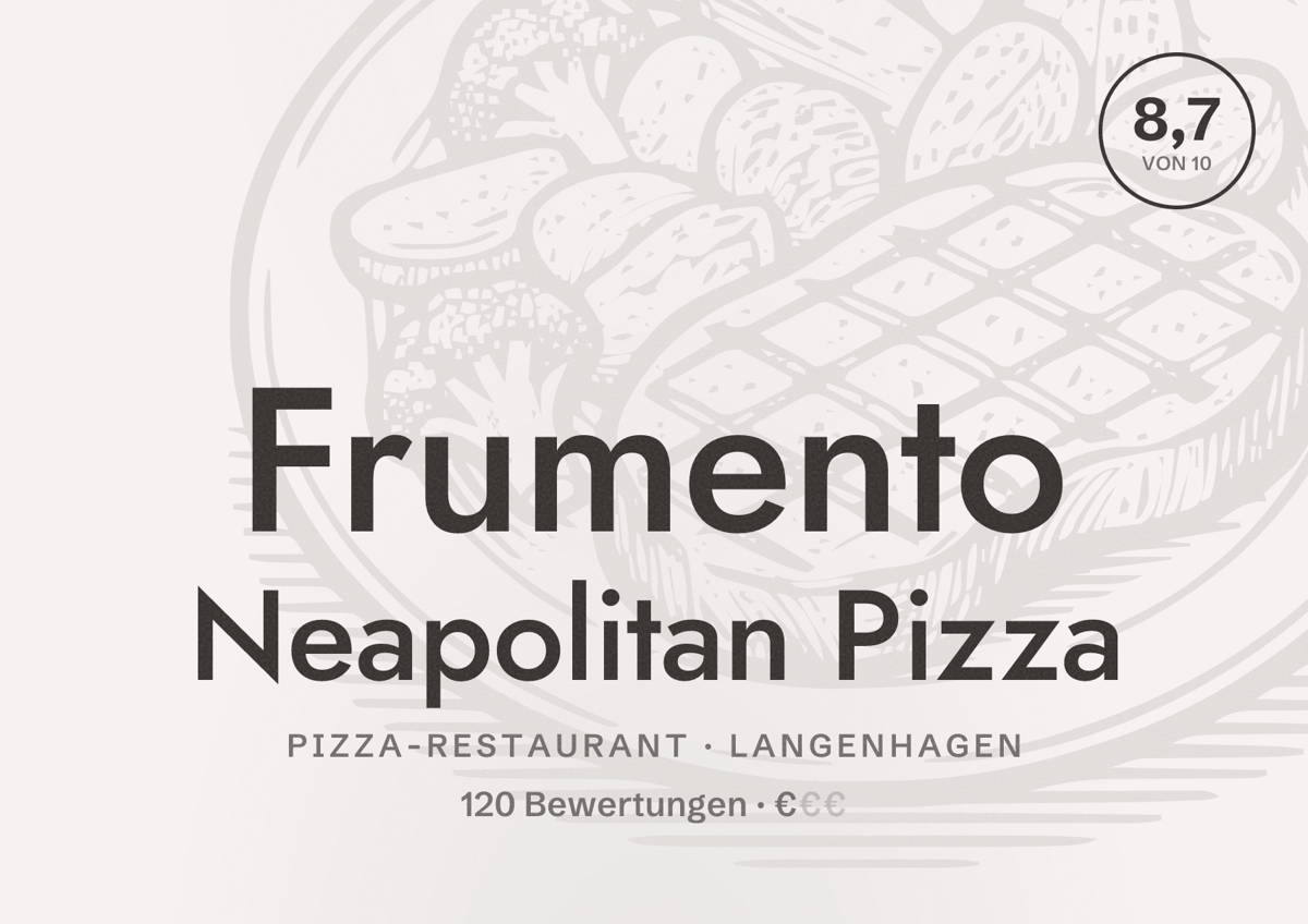 Illustriertes Poster von Frumento Neapolitan Pizza, Pizza-Restaurant in Langenhagen: Bewertung 8,7 von 10 aus 120 Bewertungen, Preisniveau €