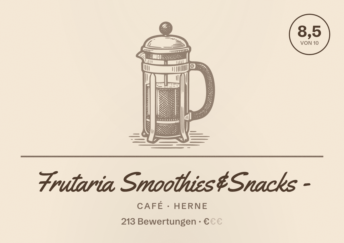 Illustriertes Poster von Frutaria Smoothies&Snacks -, Café in Herne: Bewertung 8,5 von 10 aus 213 Bewertungen, Preisniveau €