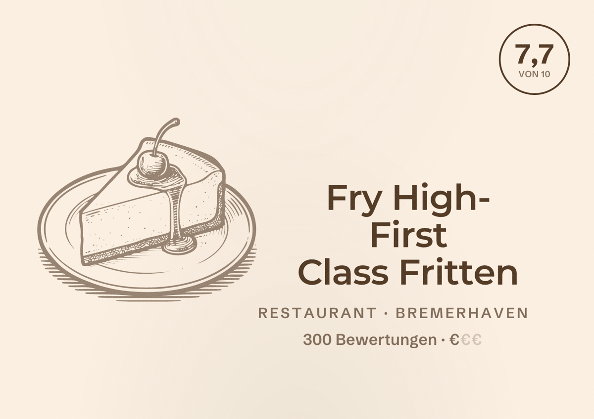 Illustriertes Poster von Fry High- First Class Fritten, Restaurant in Bremerhaven: Bewertung 7,7 von 10 aus 300 Bewertungen, Preisniveau €