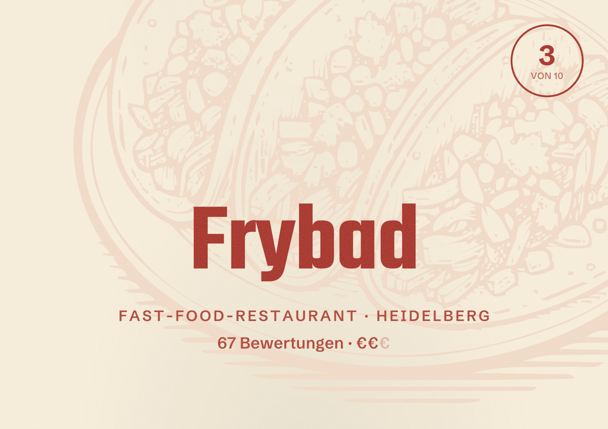 Illustriertes Poster von Frybad, Fast-Food-Restaurant in Heidelberg: Bewertung 3 von 10 aus 67 Bewertungen, Preisniveau €€
