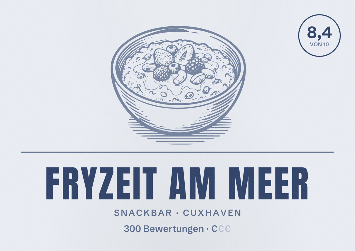 Illustriertes Poster von FryZeit Am Meer, Snackbar in Cuxhaven: Bewertung 8,4 von 10 aus 300 Bewertungen, Preisniveau €