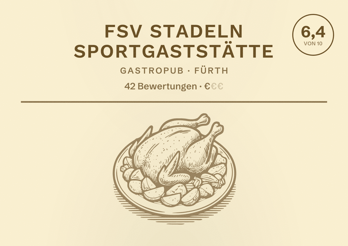 Illustriertes Poster von FSV Stadeln Sportgaststätte, Gastropub in Fürth: Bewertung 6,4 von 10 aus 42 Bewertungen, Preisniveau €