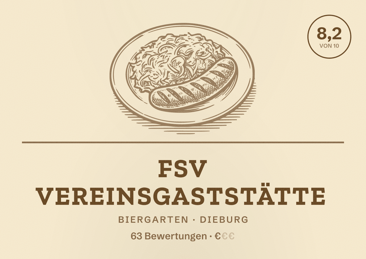 Illustriertes Poster von FSV Vereinsgaststätte, Biergarten in Dieburg: Bewertung 8,2 von 10 aus 63 Bewertungen, Preisniveau €