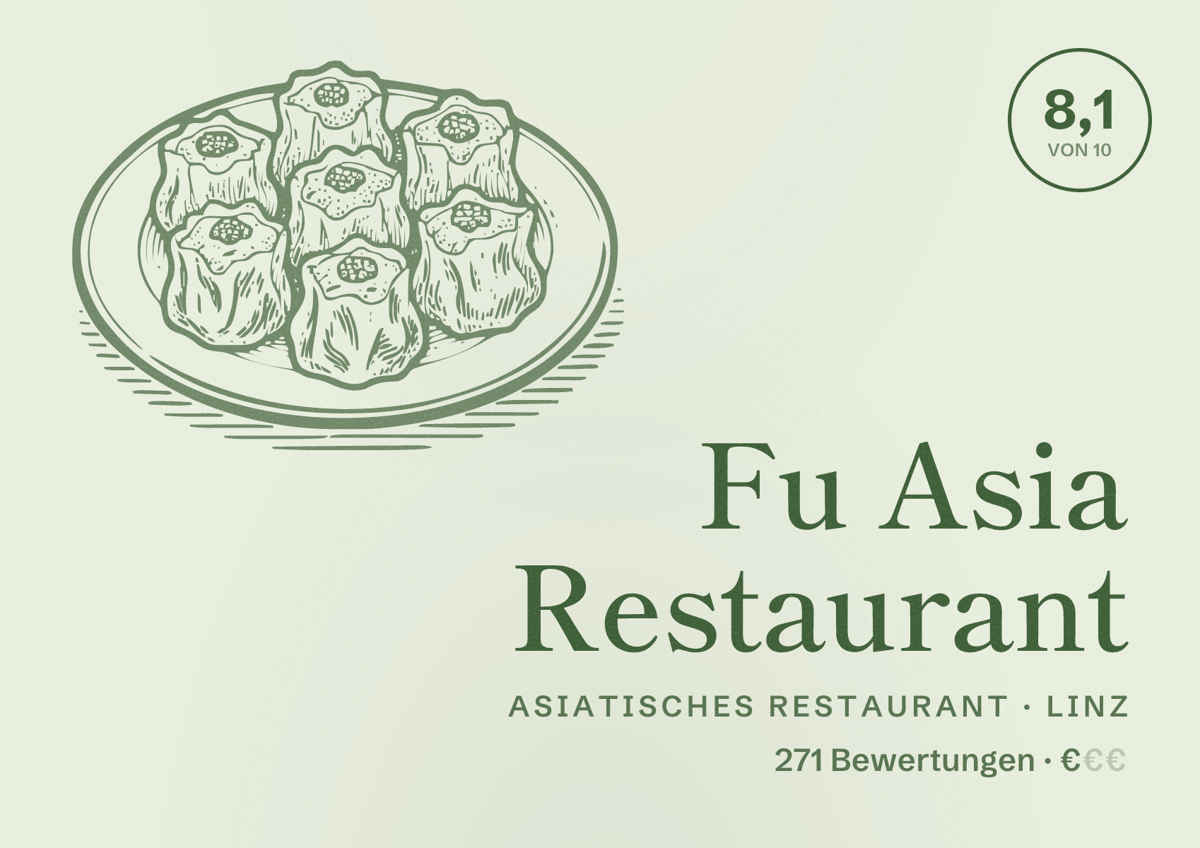 Illustriertes Poster von Fu Asia Restaurant, Asiatisches Restaurant in Linz: Bewertung 8,1 von 10 aus 271 Bewertungen, Preisniveau €