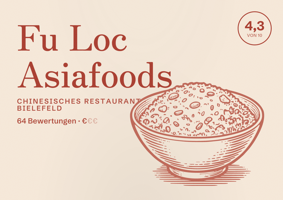 Illustriertes Poster von Fu Loc Asiafoods, Chinesisches Restaurant in Bielefeld: Bewertung 4,3 von 10 aus 64 Bewertungen, Preisniveau €