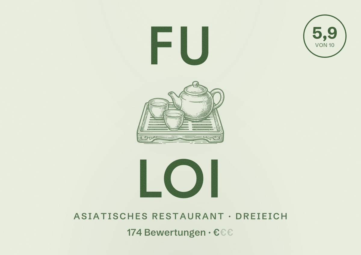 Illustriertes Poster von Fu Loi, Asiatisches Restaurant in Dreieich: Bewertung 5,9 von 10 aus 174 Bewertungen, Preisniveau €
