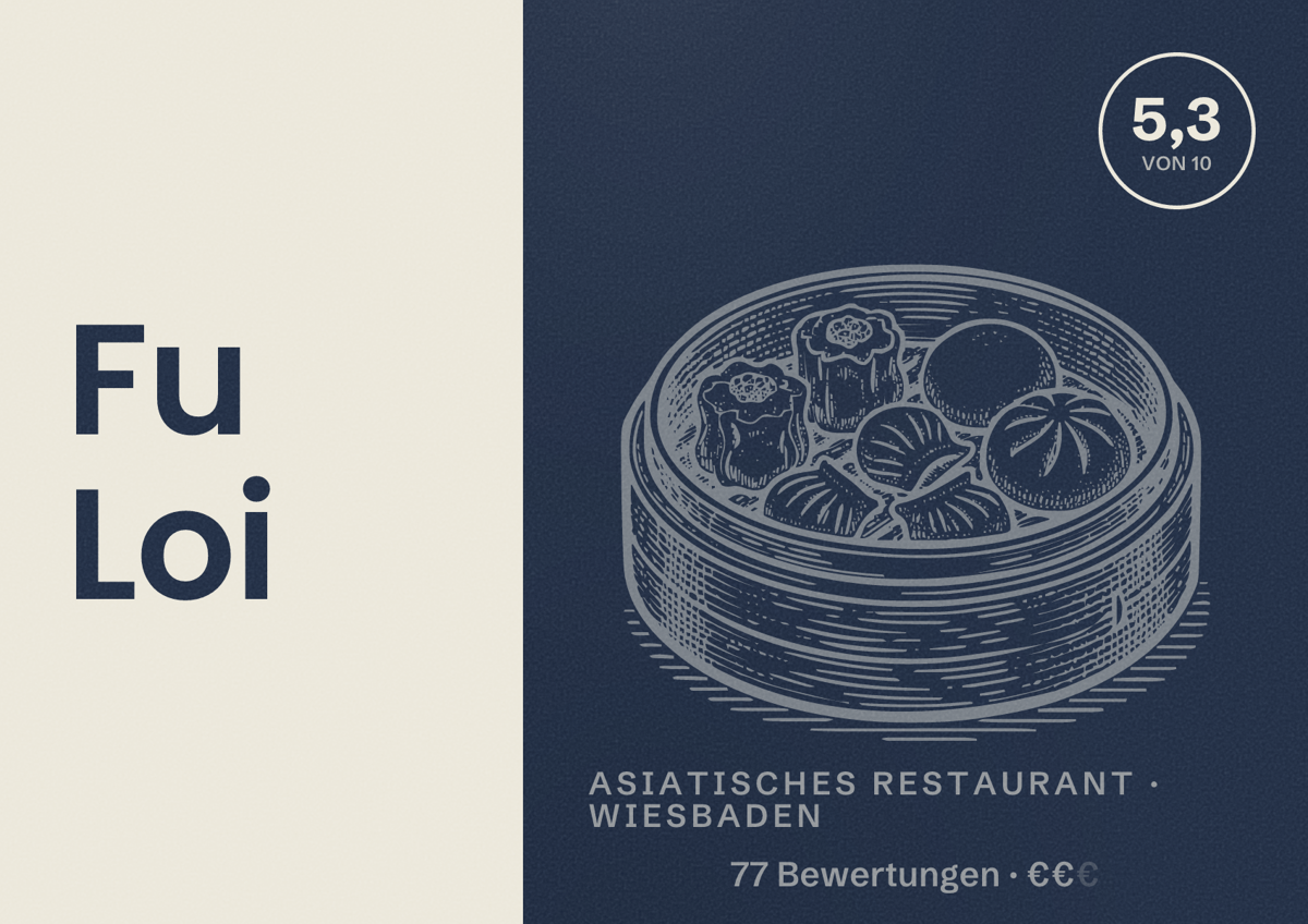 Illustriertes Poster von Fu Loi, Asiatisches Restaurant in Wiesbaden: Bewertung 5,3 von 10 aus 77 Bewertungen, Preisniveau €€