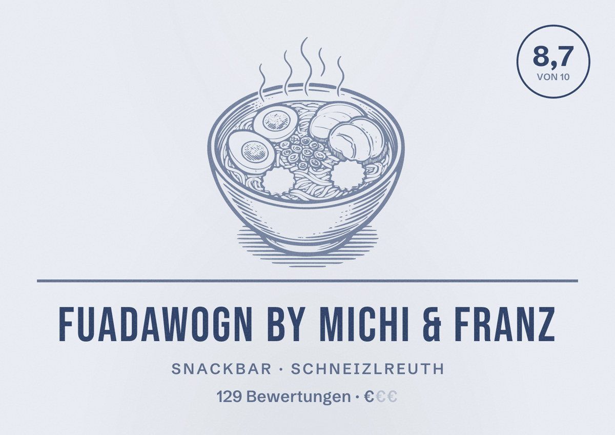 Illustriertes Poster von FuadaWogn by Michi & Franz, Snackbar in Schneizlreuth: Bewertung 8,7 von 10 aus 129 Bewertungen, Preisniveau €