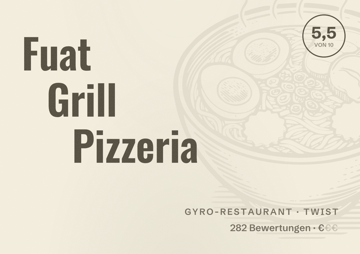 Illustriertes Poster von Fuat Grill Pizzeria, Gyro-Restaurant in Twist: Bewertung 5,5 von 10 aus 282 Bewertungen, Preisniveau €