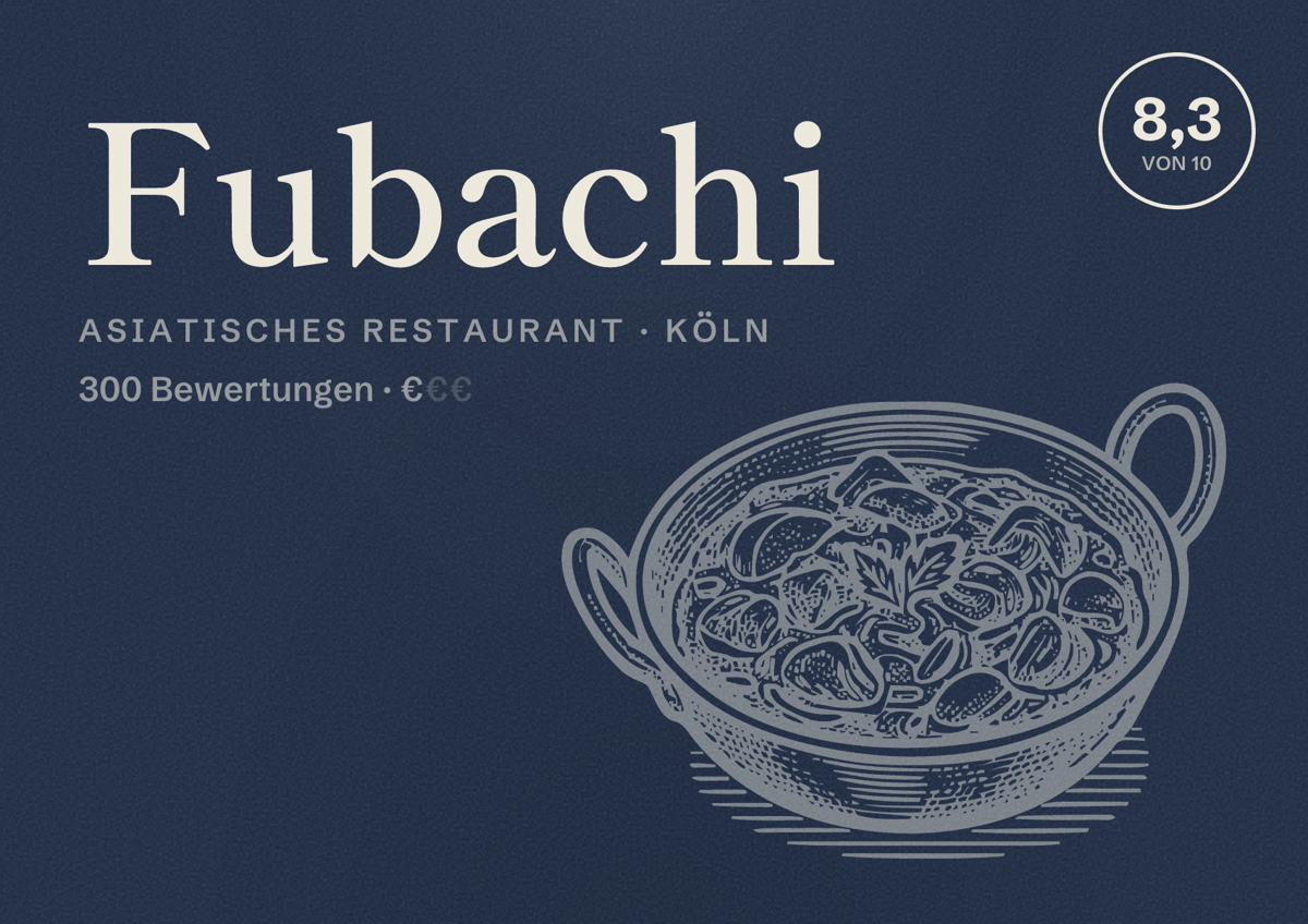 Illustriertes Poster von Fubachi, Asiatisches Restaurant in Köln: Bewertung 8,3 von 10 aus 300 Bewertungen, Preisniveau €