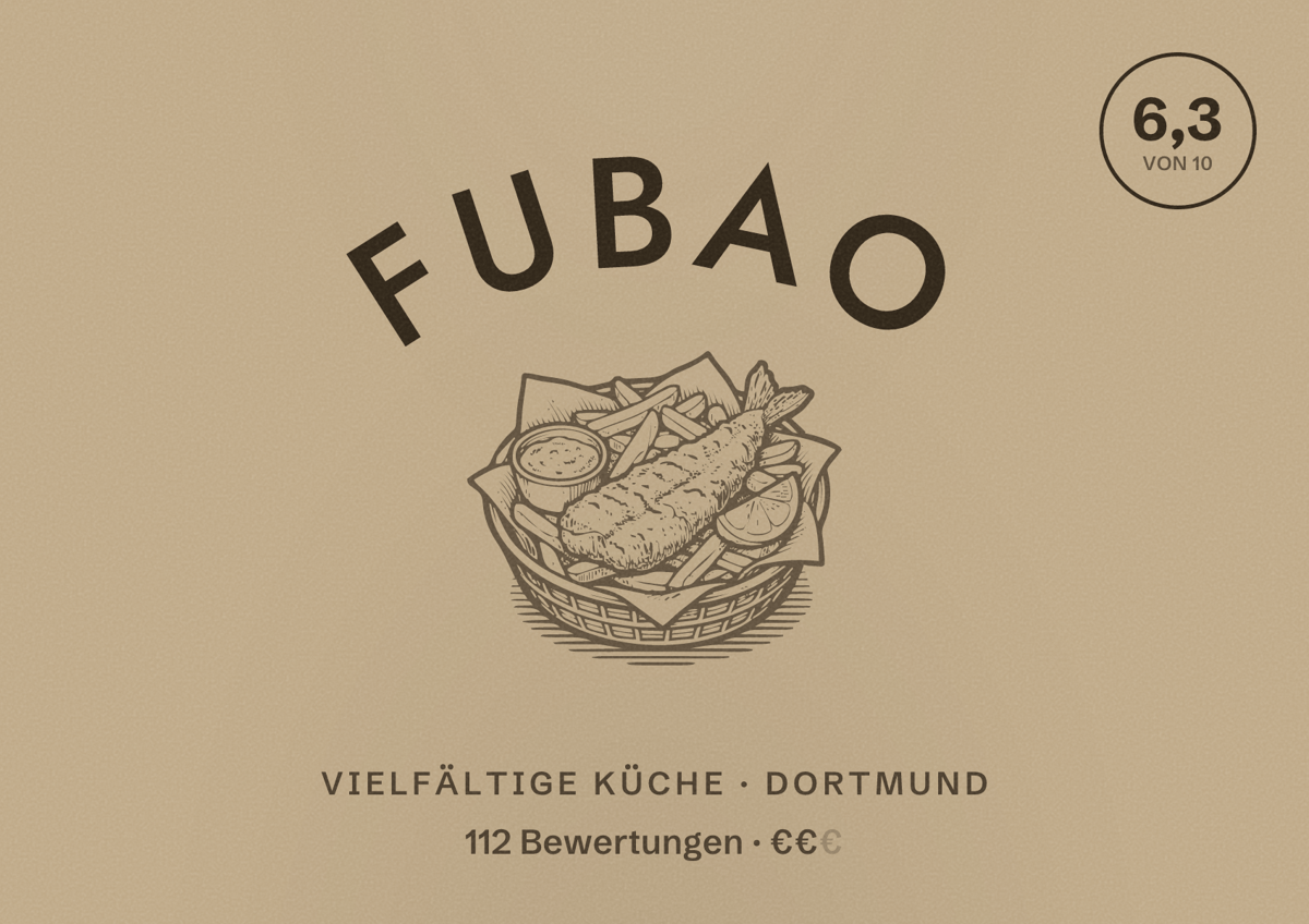 Illustriertes Poster von Fubao, Vielfältige Küche in Dortmund: Bewertung 6,3 von 10 aus 112 Bewertungen, Preisniveau €€