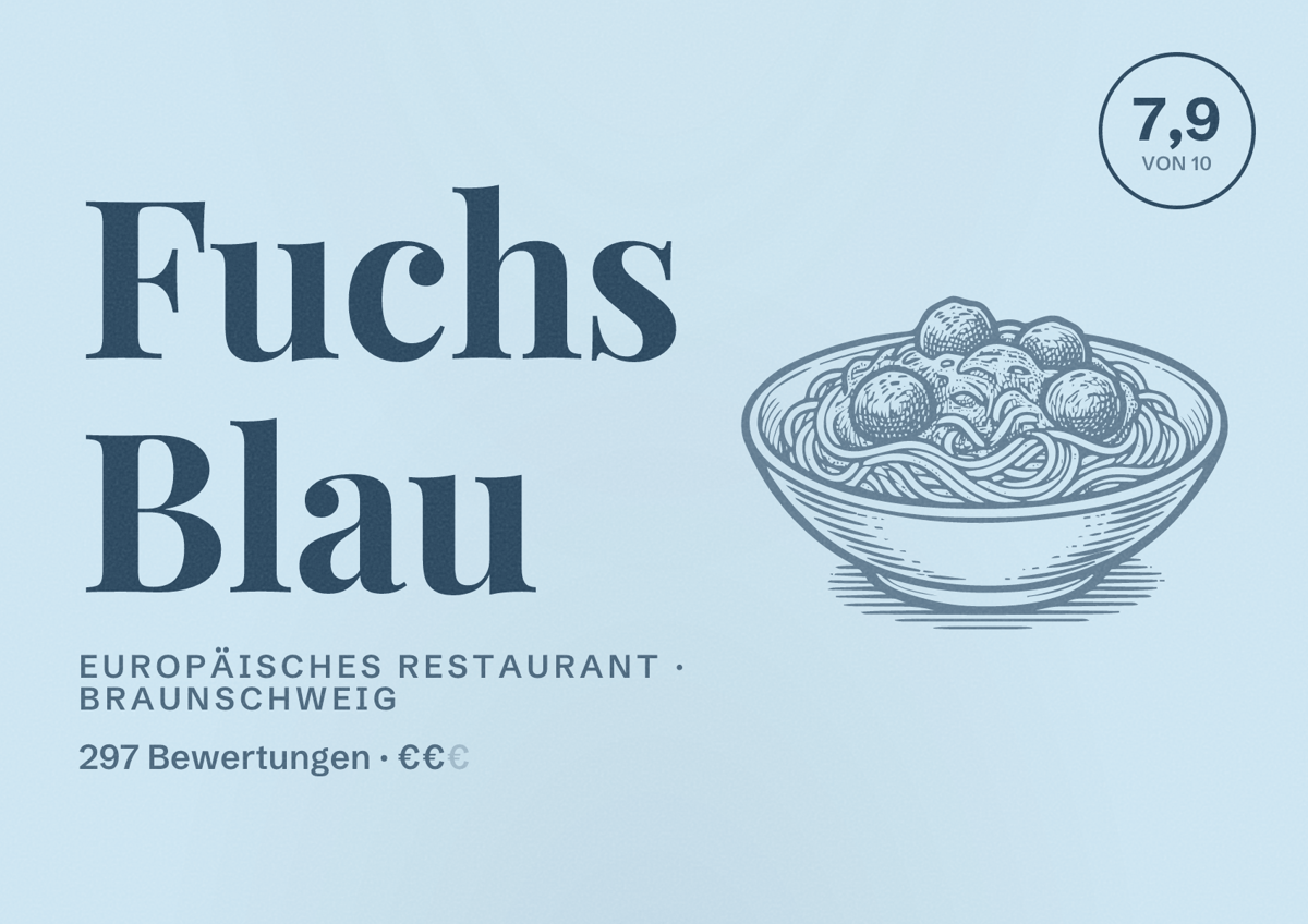 Illustriertes Poster von Fuchs Blau, Europäisches Restaurant in Braunschweig: Bewertung 7,9 von 10 aus 297 Bewertungen, Preisniveau €€