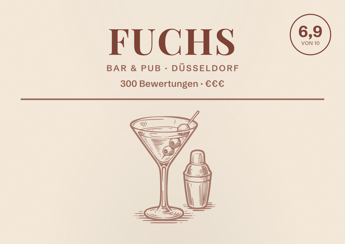 Illustriertes Poster von Fuchs, Bar & Pub in Düsseldorf: Bewertung 6,9 von 10 aus 300 Bewertungen, Preisniveau €€€