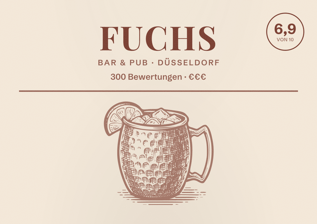 Illustriertes Poster von Fuchs, Bar & Pub in Düsseldorf: Bewertung 6,9 von 10 aus 300 Bewertungen, Preisniveau €€€