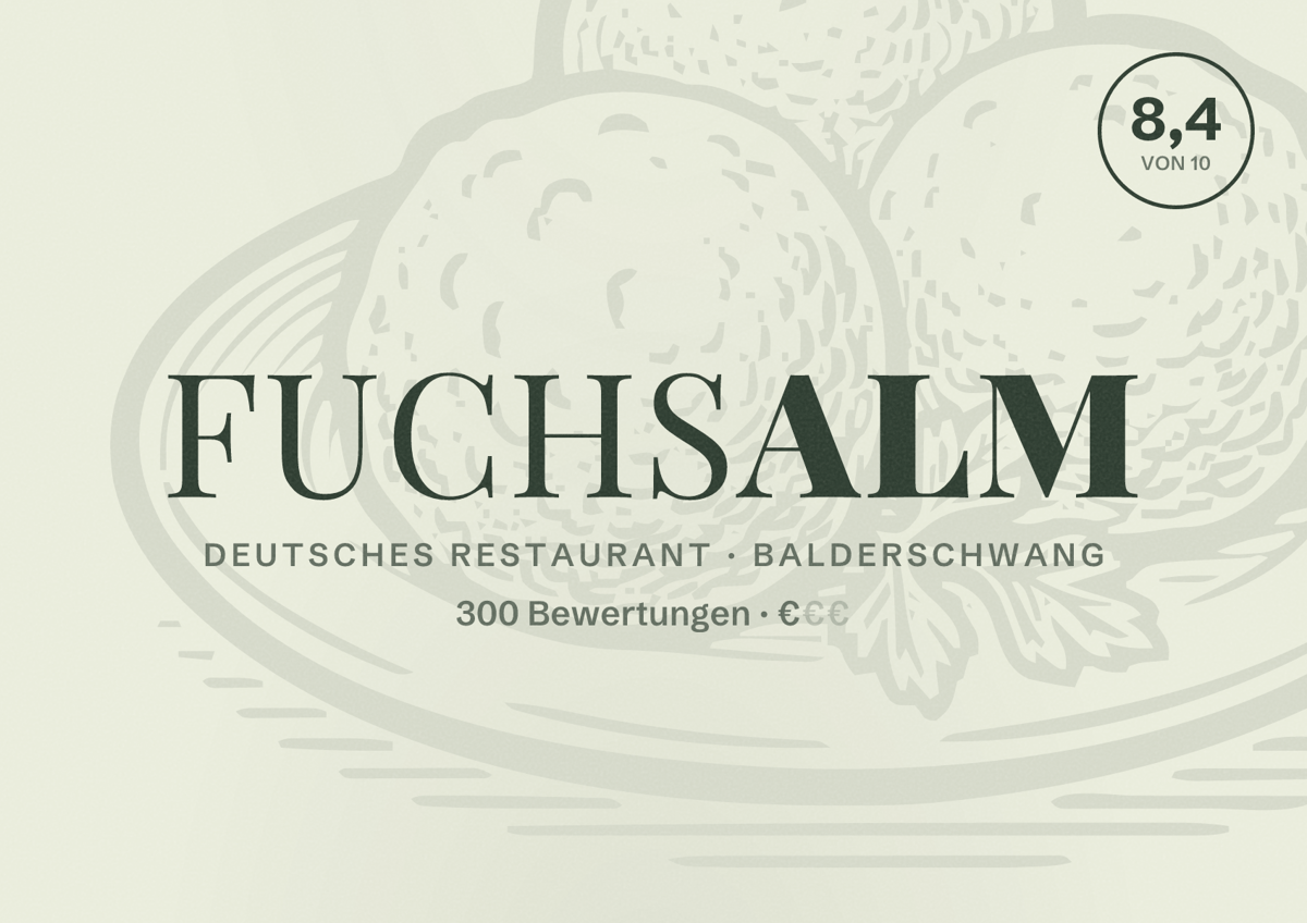 Illustriertes Poster von Fuchsalm, Deutsches Restaurant in Balderschwang: Bewertung 8,4 von 10 aus 300 Bewertungen, Preisniveau €